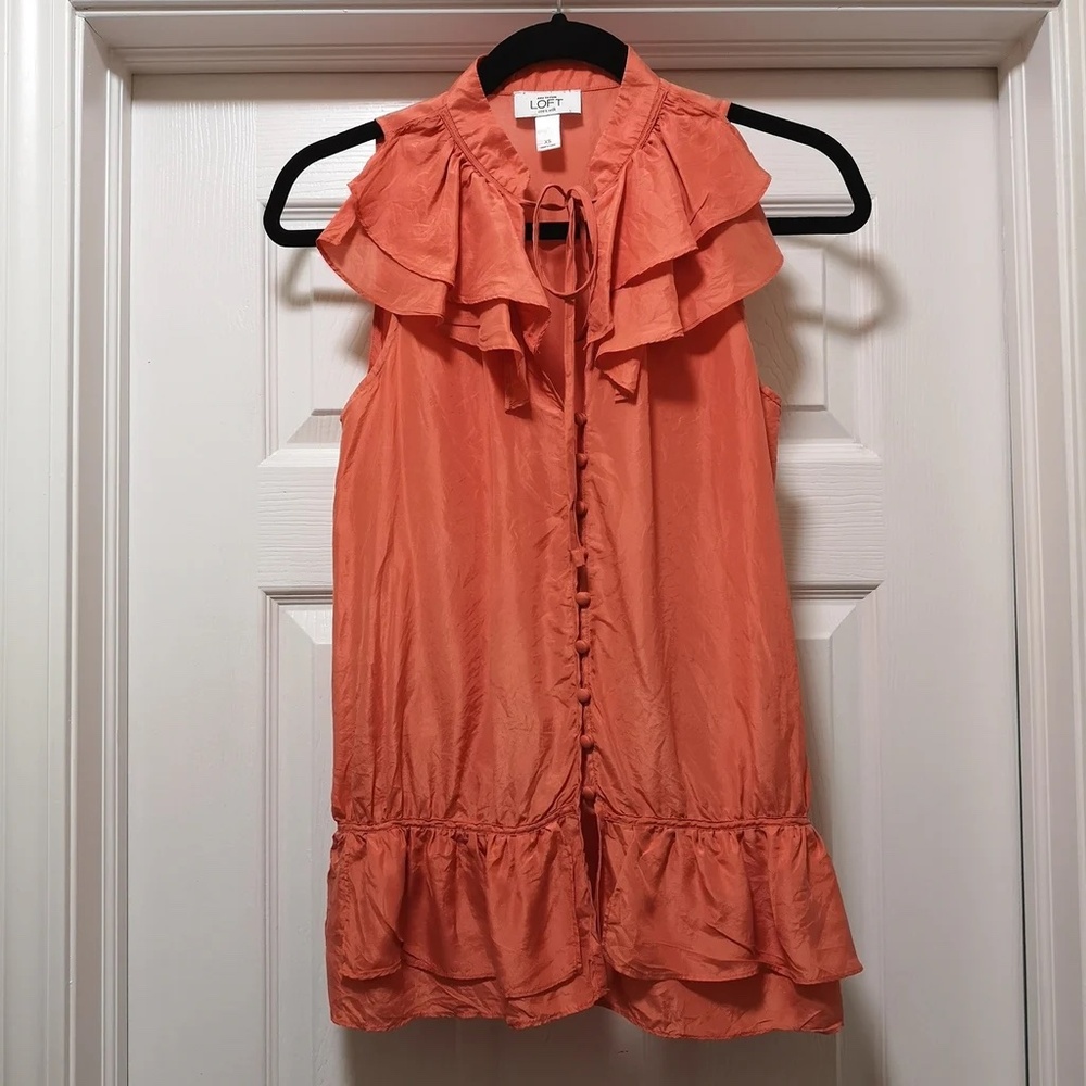 Ann Taylor LOFT 100% Silk Coral Ruffle Blouse Top Shirt Size XS